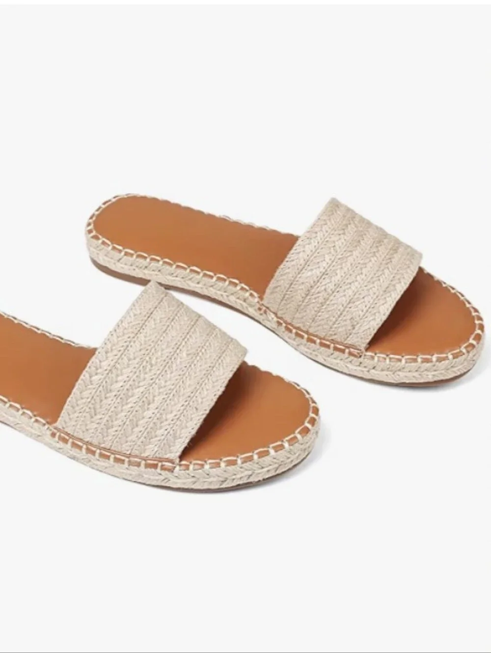 Chevron Woven Raffia Flat Espadrille Slides Tan Beach Sandals Size 6 7 8 9 10 - Picture 2 of 4